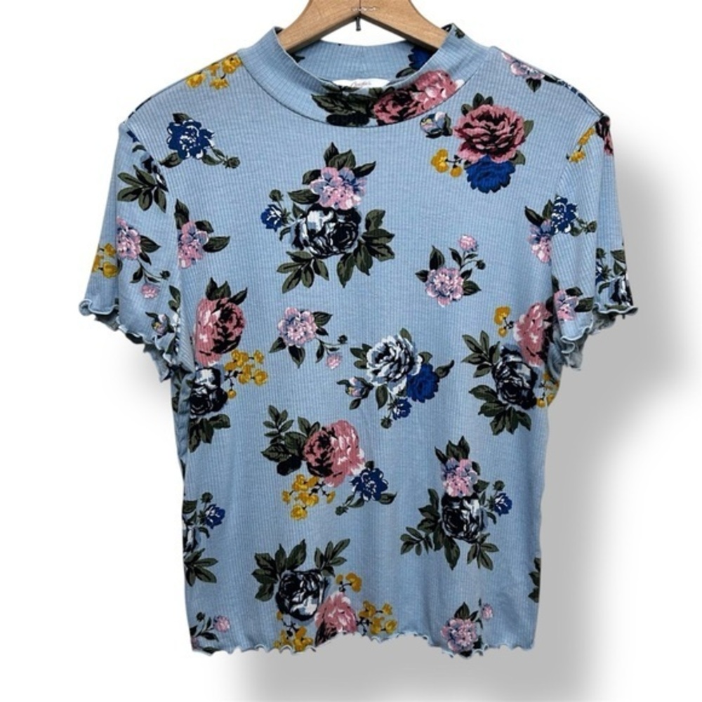Candie’s Blue Floral Ribbed Lettuce Hem Y2K Top XL Juniors
